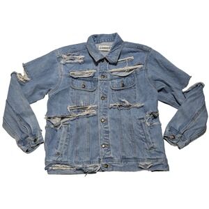 TYLER LAMBERT x Wrangler Upcycled Distressed Denim Blue Jean Jacket - Men Large?